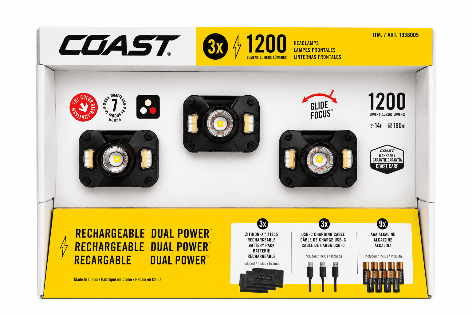 Hybrid Power LED Headlamps - 1200 Lumen - 3 Pack